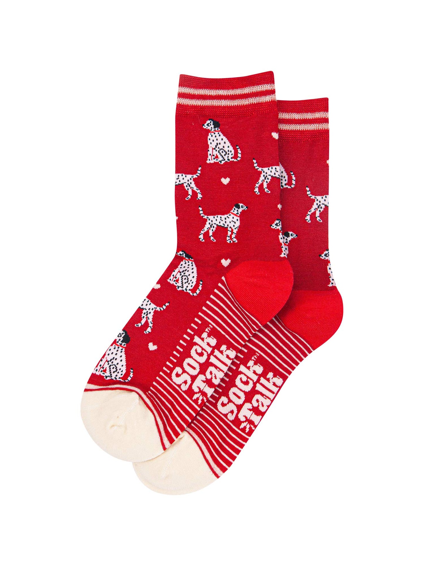 womens-bamboo-socks-red-cream-dalmatians-laying-flat