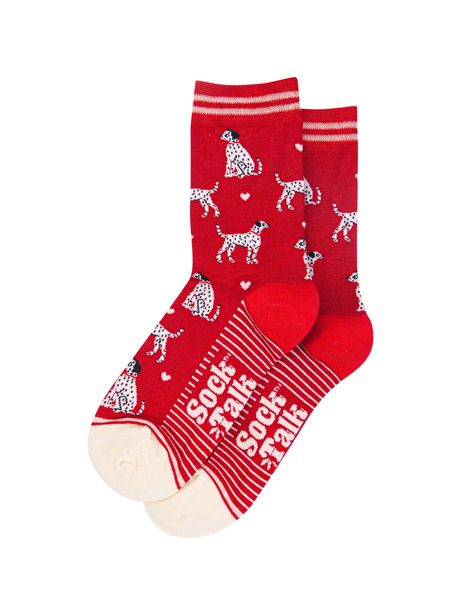 womens-bamboo-socks-red-cream-dalmatians-laying-flat