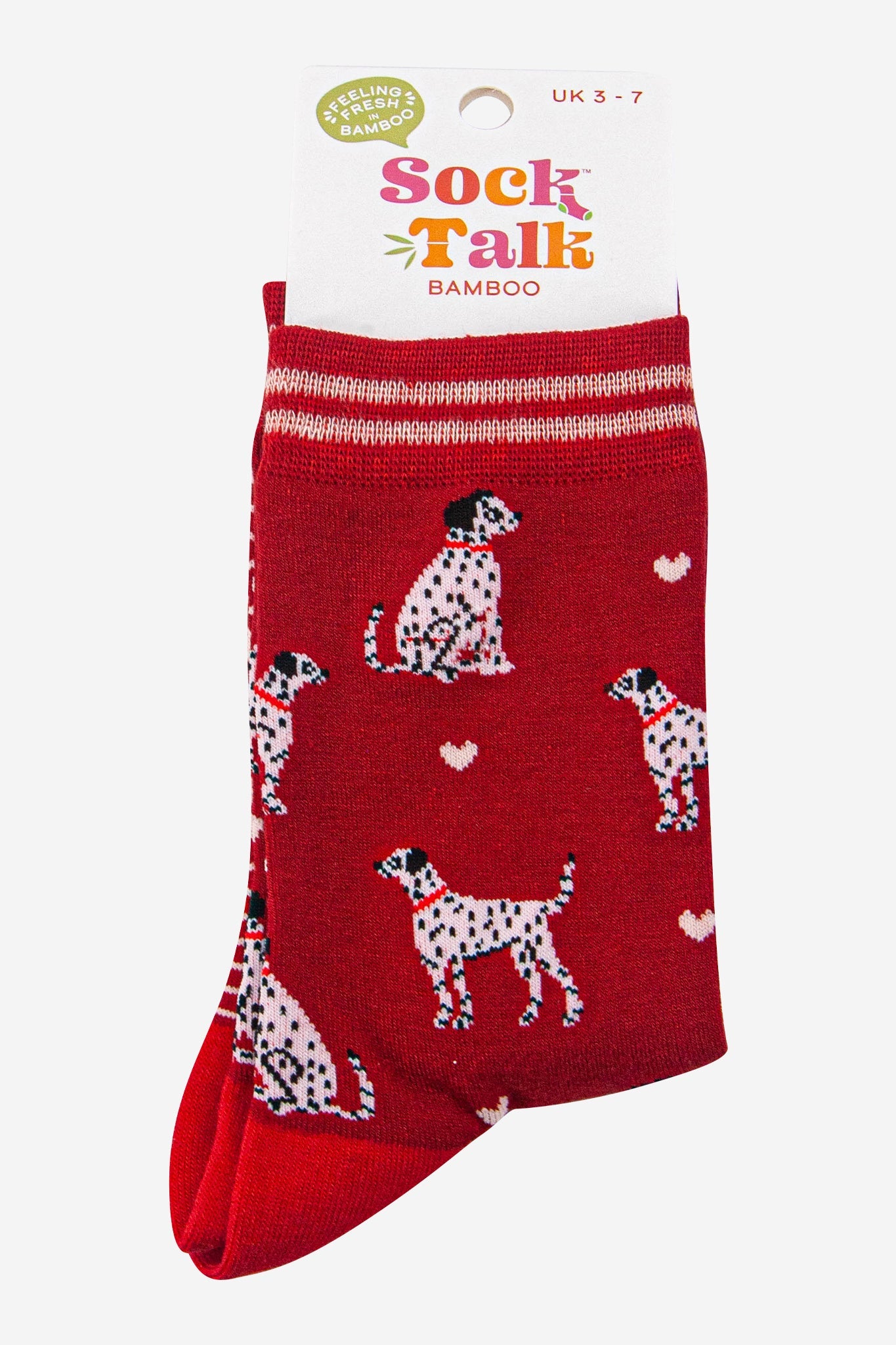 womens-bamboo-socks-red-cream-dalmatians-in-sock-talk-packaging