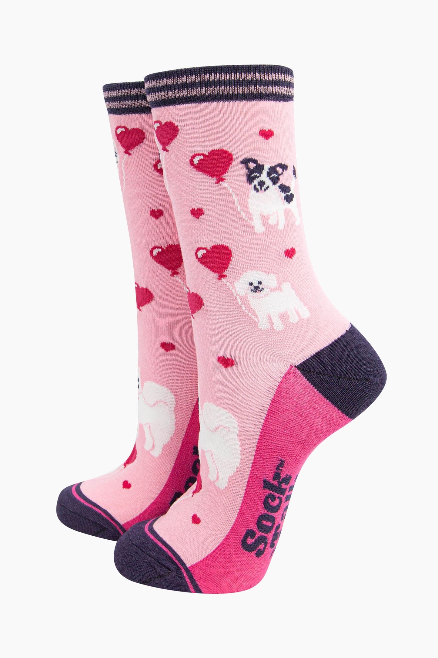 Women's Bamboo Socks - Pink, Dogs with Balloon Hearts