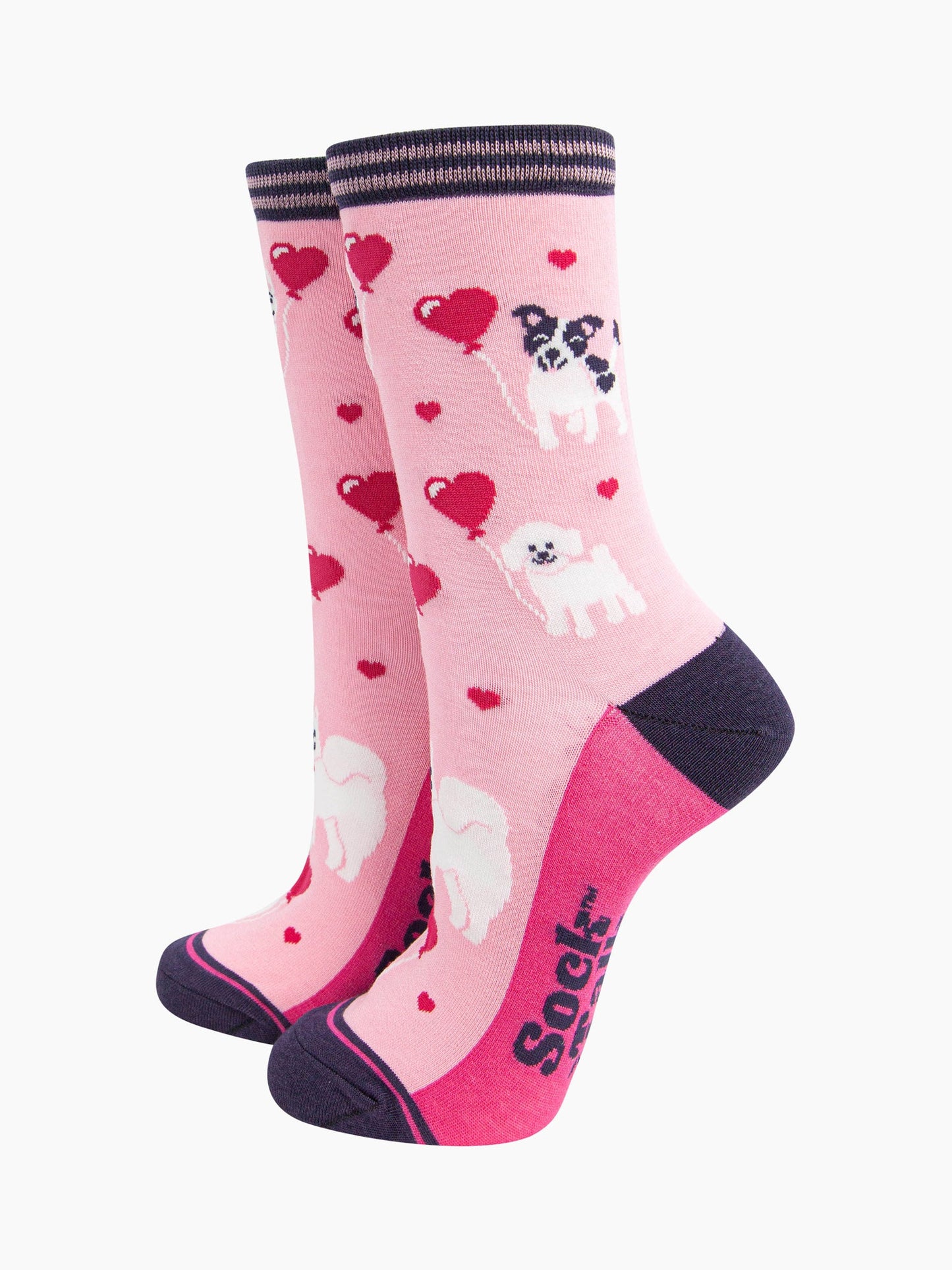 Women's Bamboo Socks - Pink, Dogs with Balloon Hearts