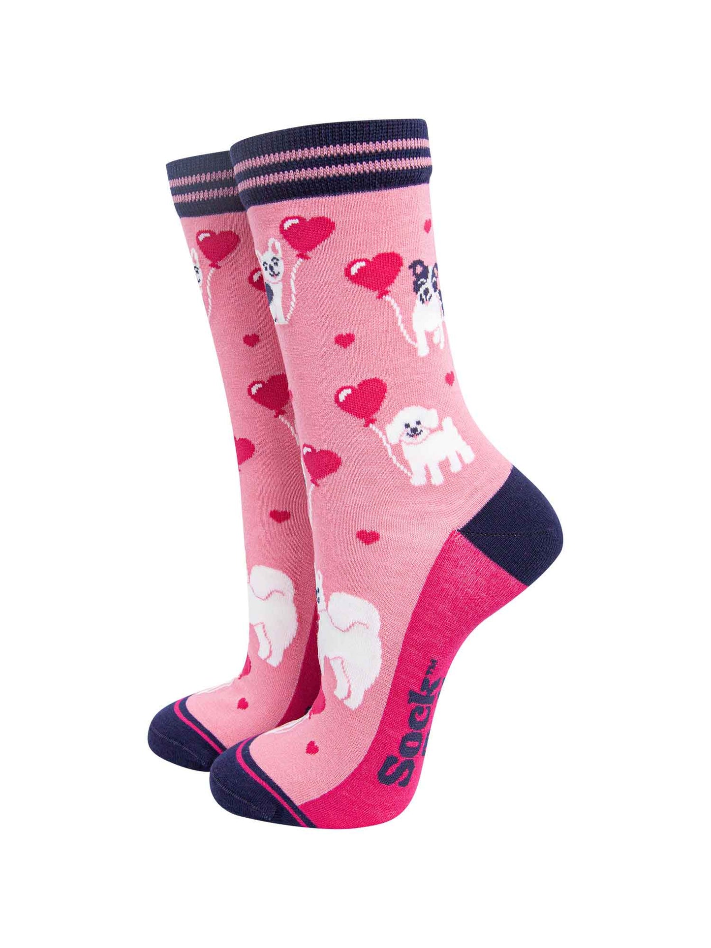 Dogs Love Heart Balloon Bamboo Socks in Pink