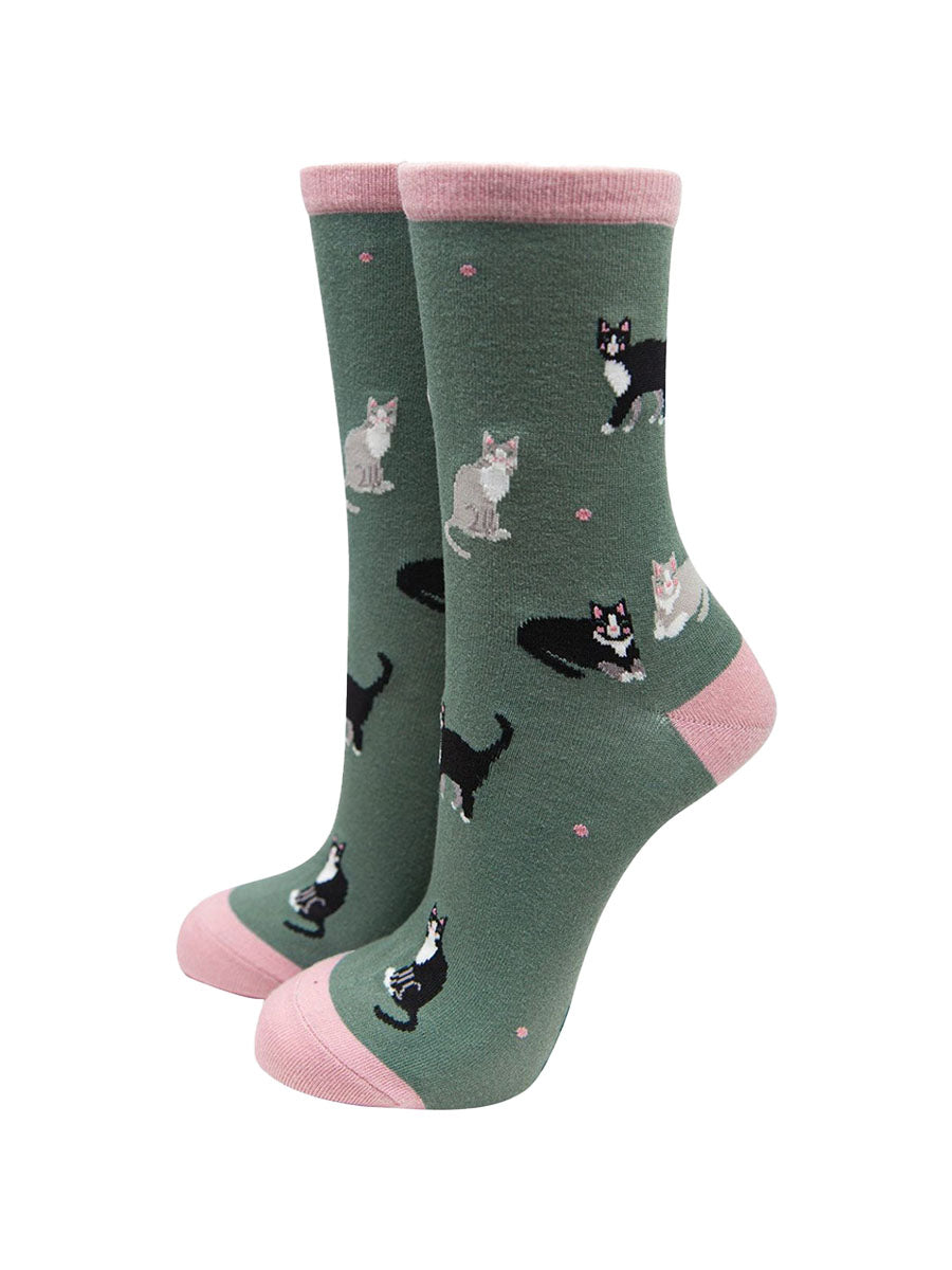 sage green and pink bamboo ankle socks with grey and black cats
