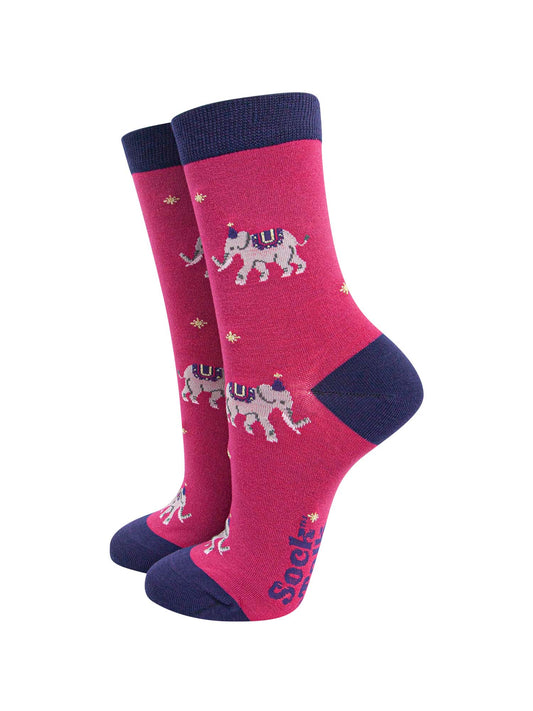 pink bamboo ankle socks with elephants wearing party hats