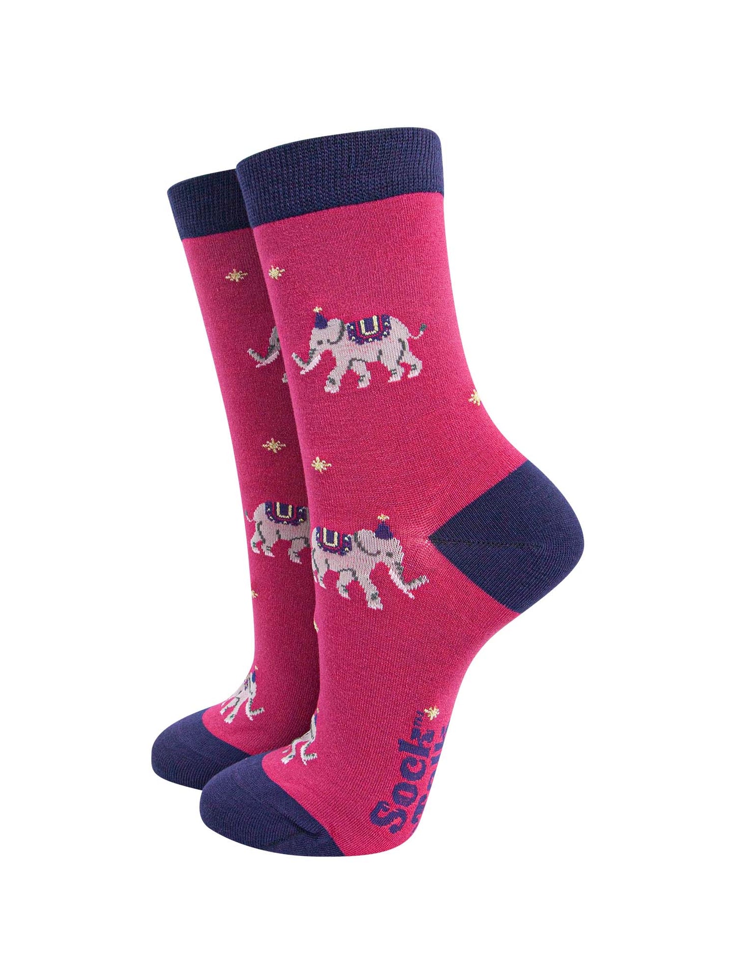 pink bamboo ankle socks with elephants wearing party hats