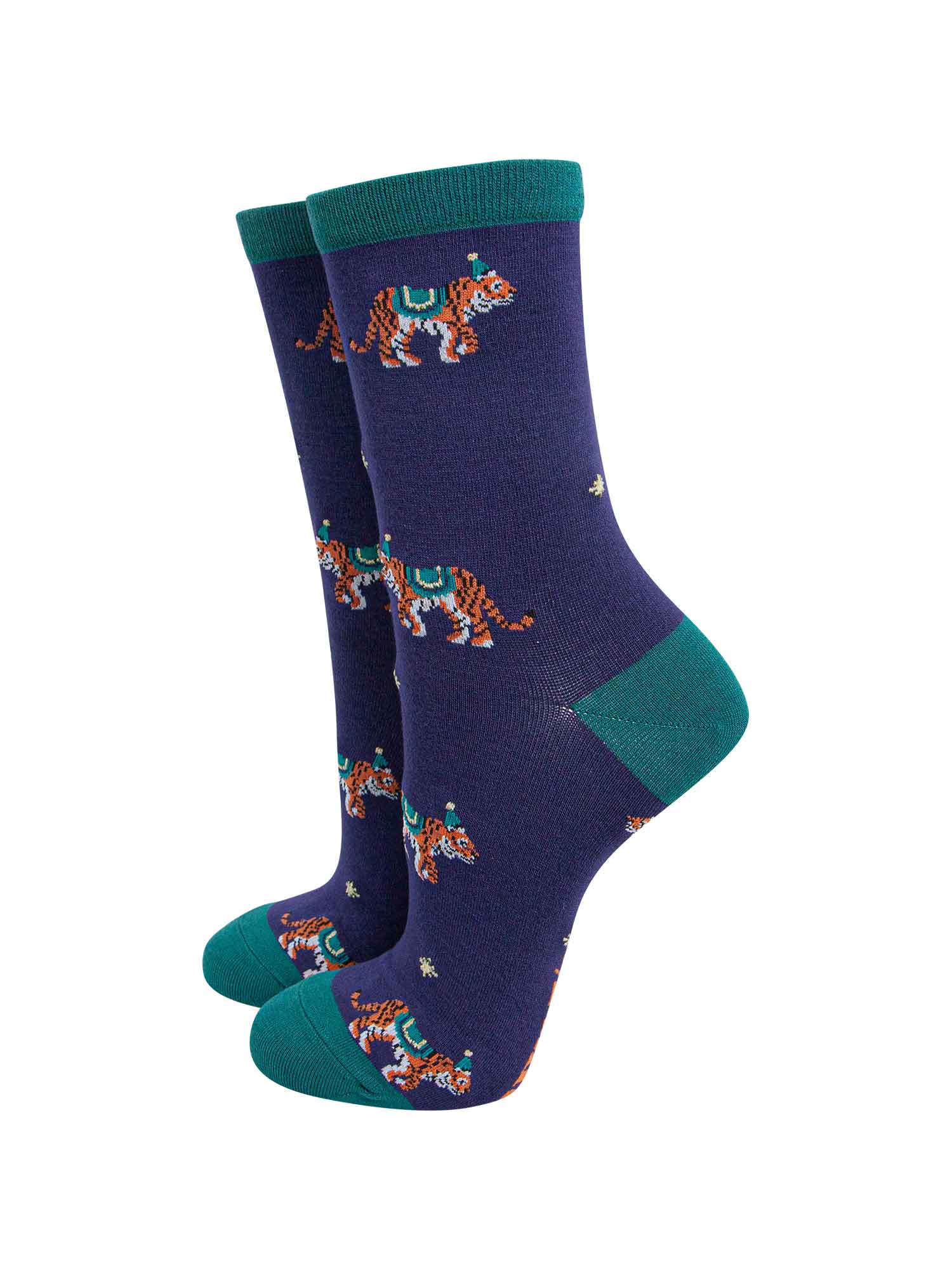 navy blue ankle socks with tigers all over, tigers are wearing party hats