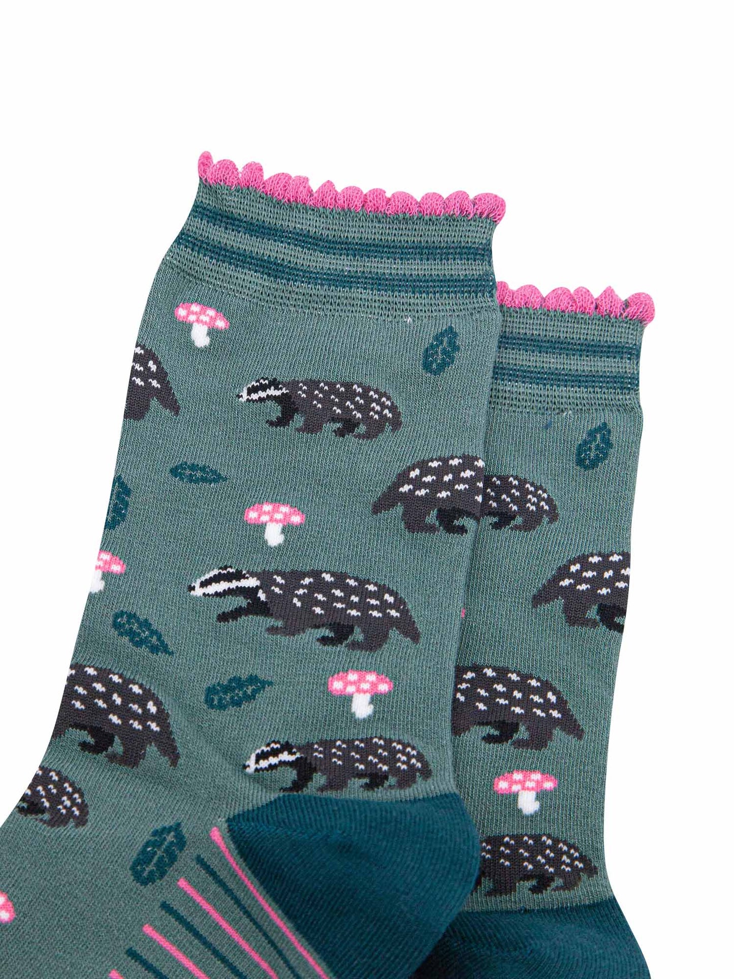 womens-bamboo-socks-sage-forest-green-badgers-and-toadstools-close-up