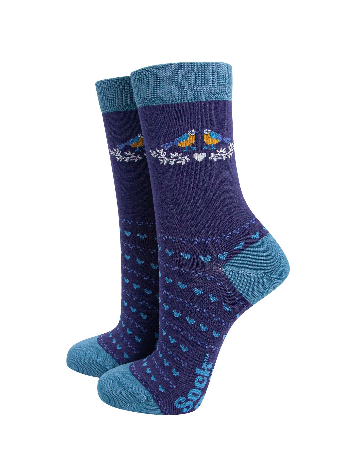 navy blue socks with blue love hearts and blue tit birds