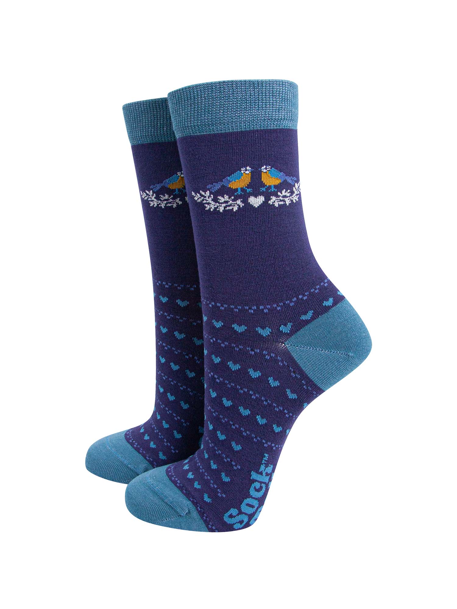navy blue socks with blue love hearts and blue tit birds