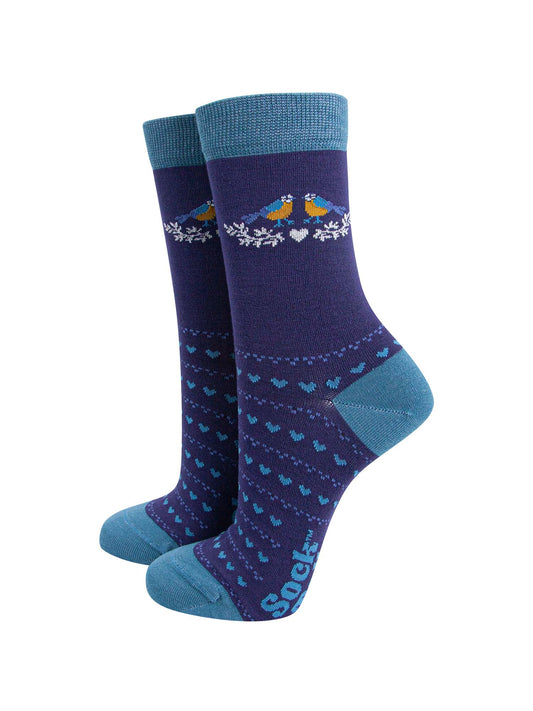 navy blue socks with blue love hearts and blue tit birds