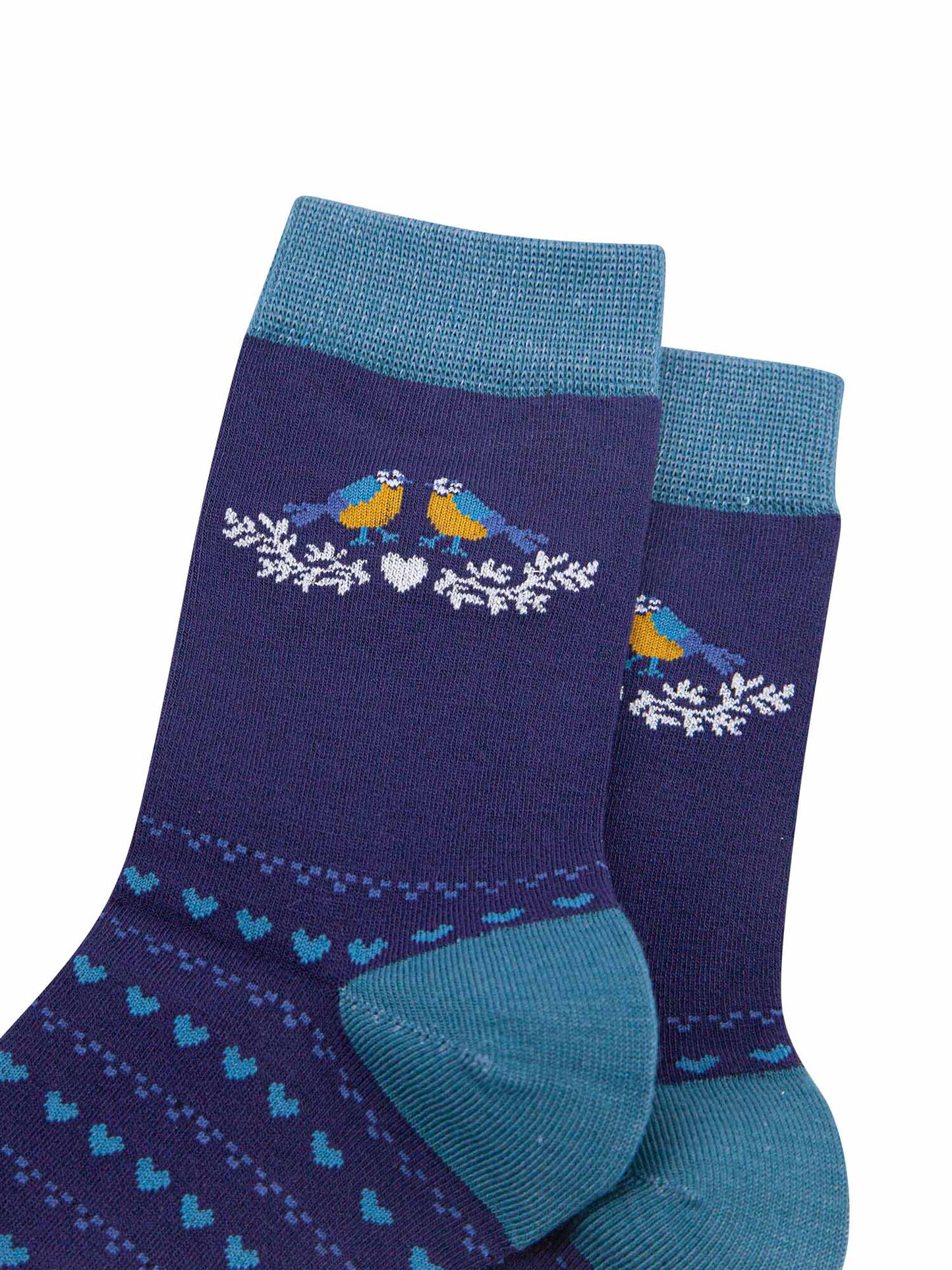 navy blue socks with blue love hearts and blue tit birds