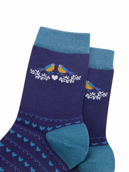 navy blue socks with blue love hearts and blue tit birds