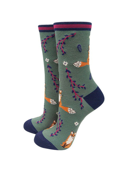 sage green ankle socks with red foxes, leaves and flowers