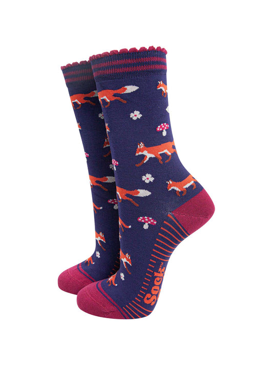 womens-bamboo-socks-navy-blue-berry-fox-and-toadstool-woodland-animals