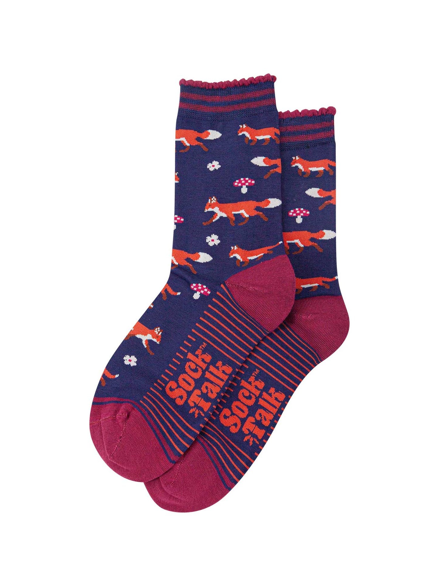 womens-bamboo-socks-navy-blue-berry-fox-and-toadstool-laying-flat