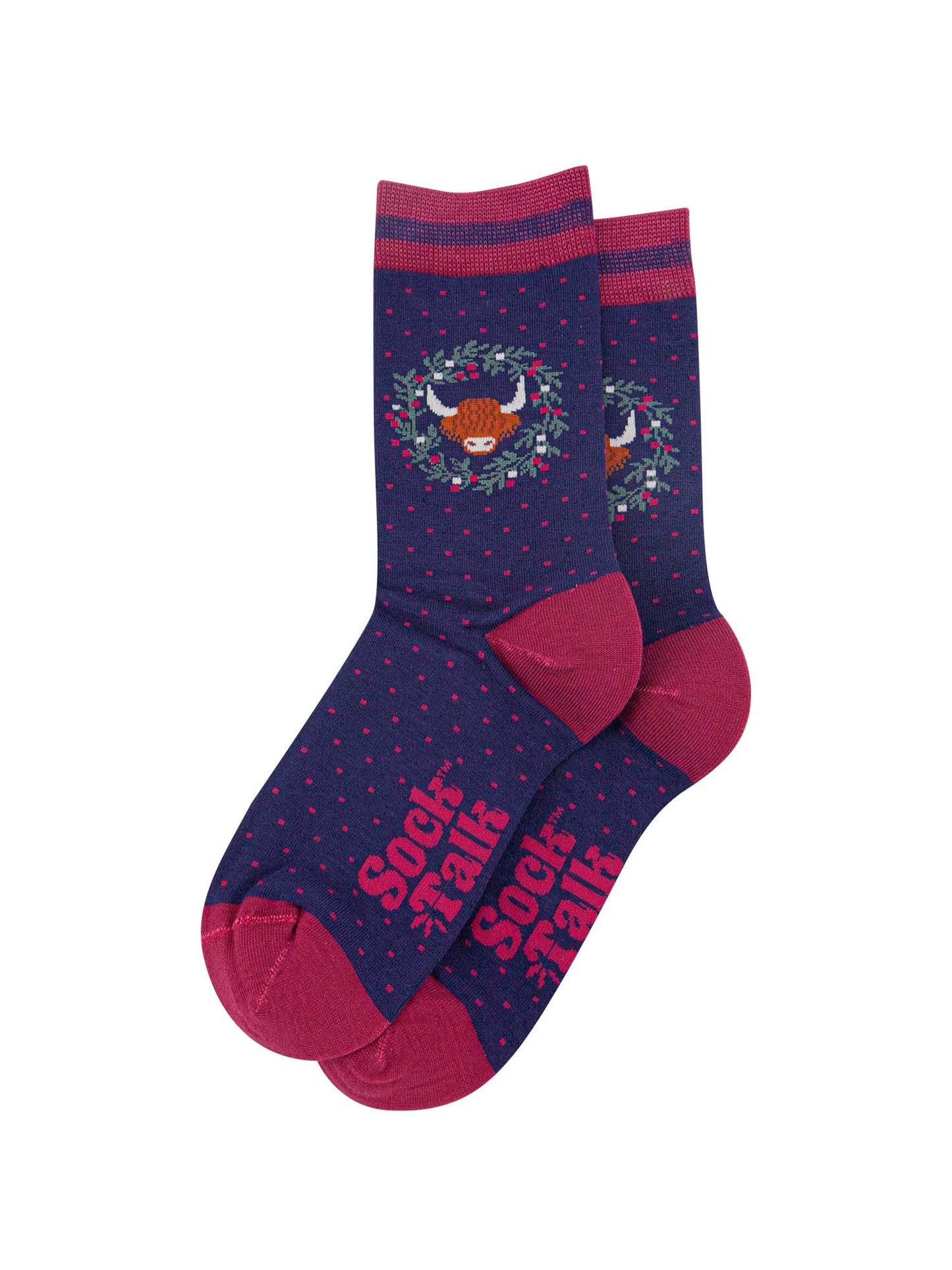 Highland Cow Wreath Bamboo Socks in Navy Blue