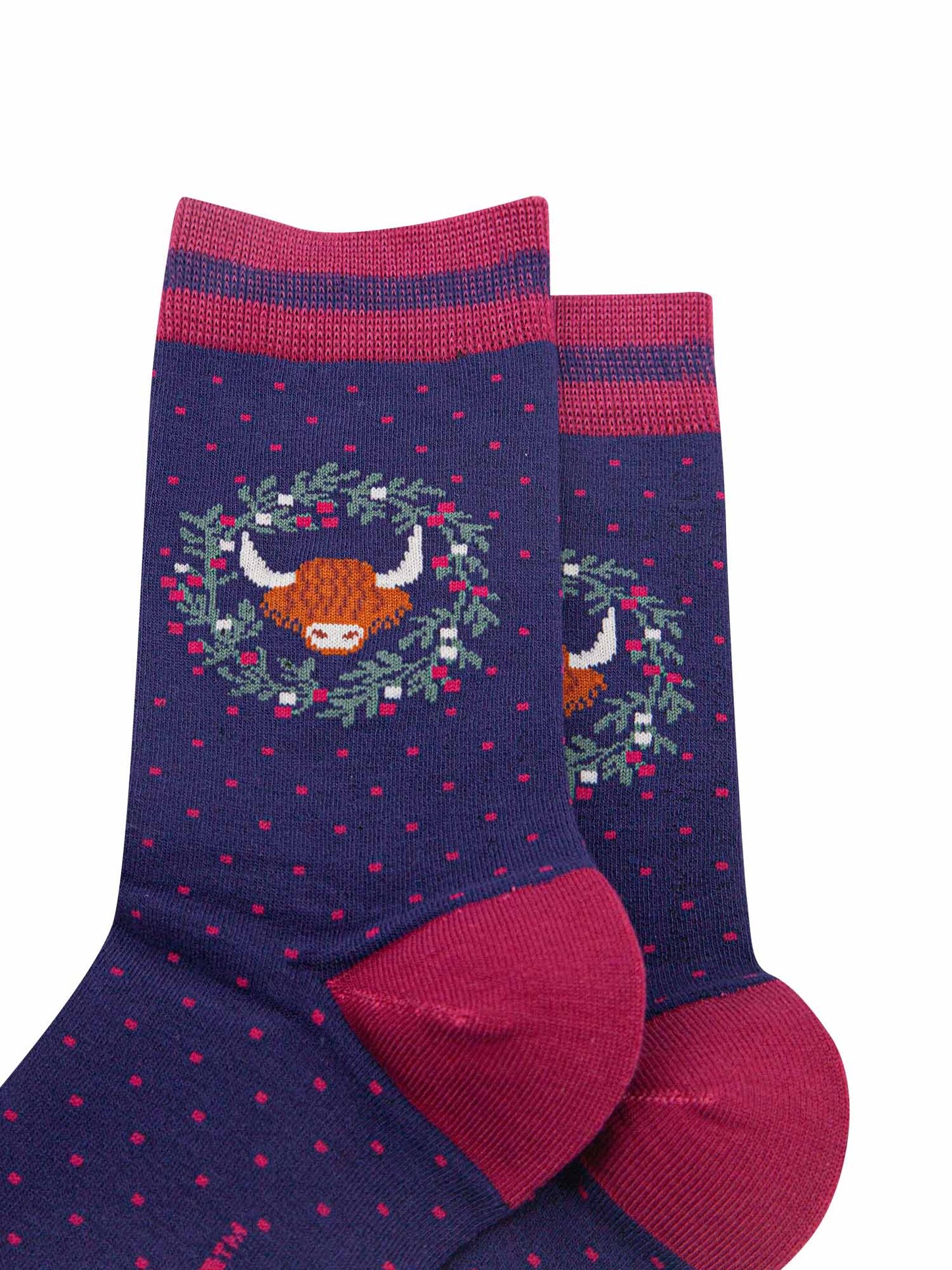 Highland Cow Wreath Bamboo Socks in Navy Blue