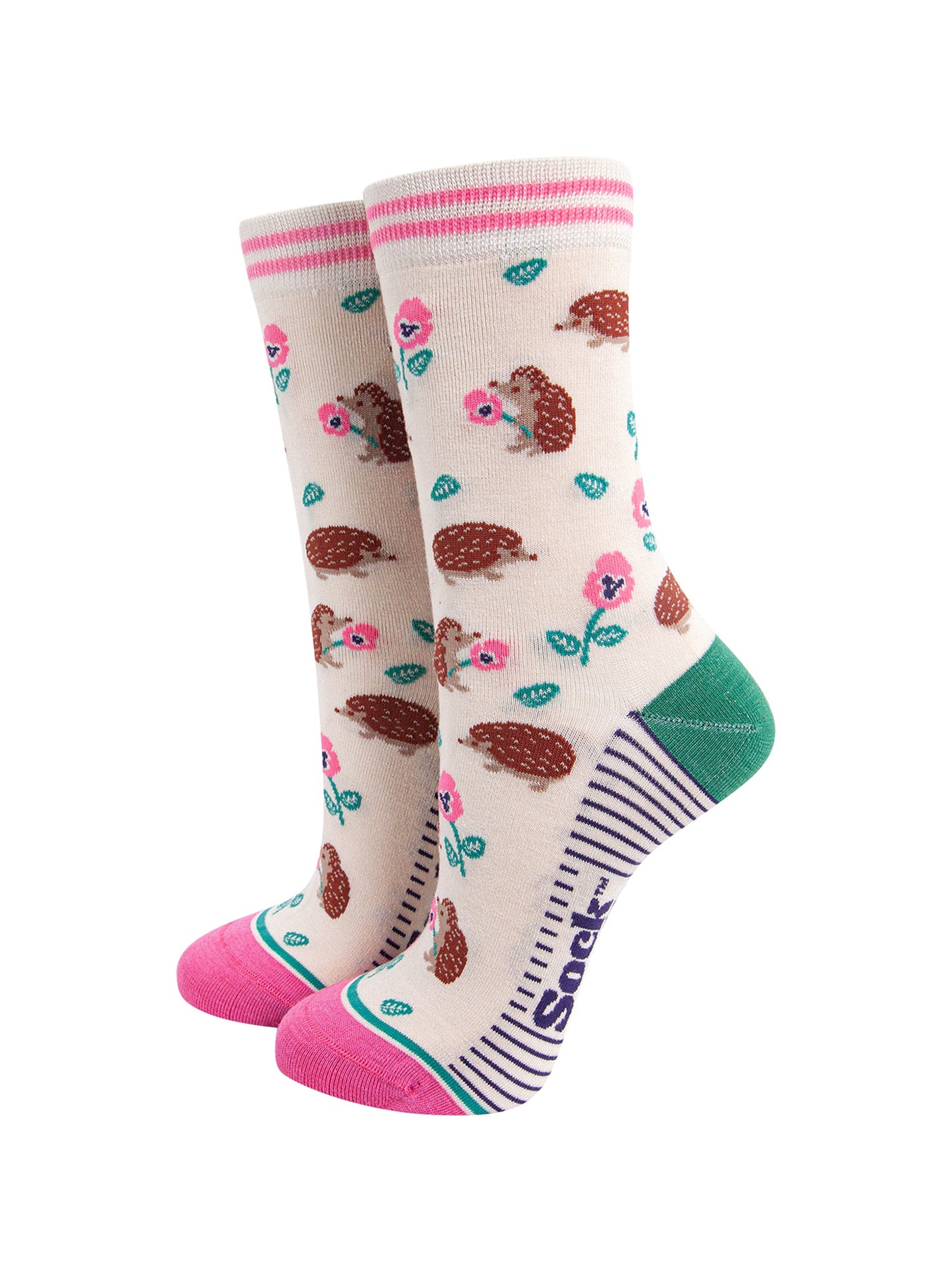 Hedgehog-Floral-Bamboo-Socks-in-Cream-Mannequin