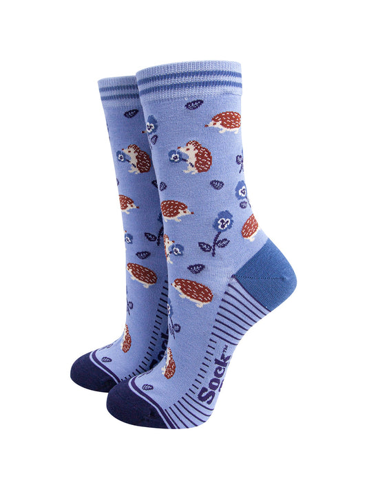Floral-Hedgehog-Bamboo-Socks-in-Blue-On-Foot-Mannequin