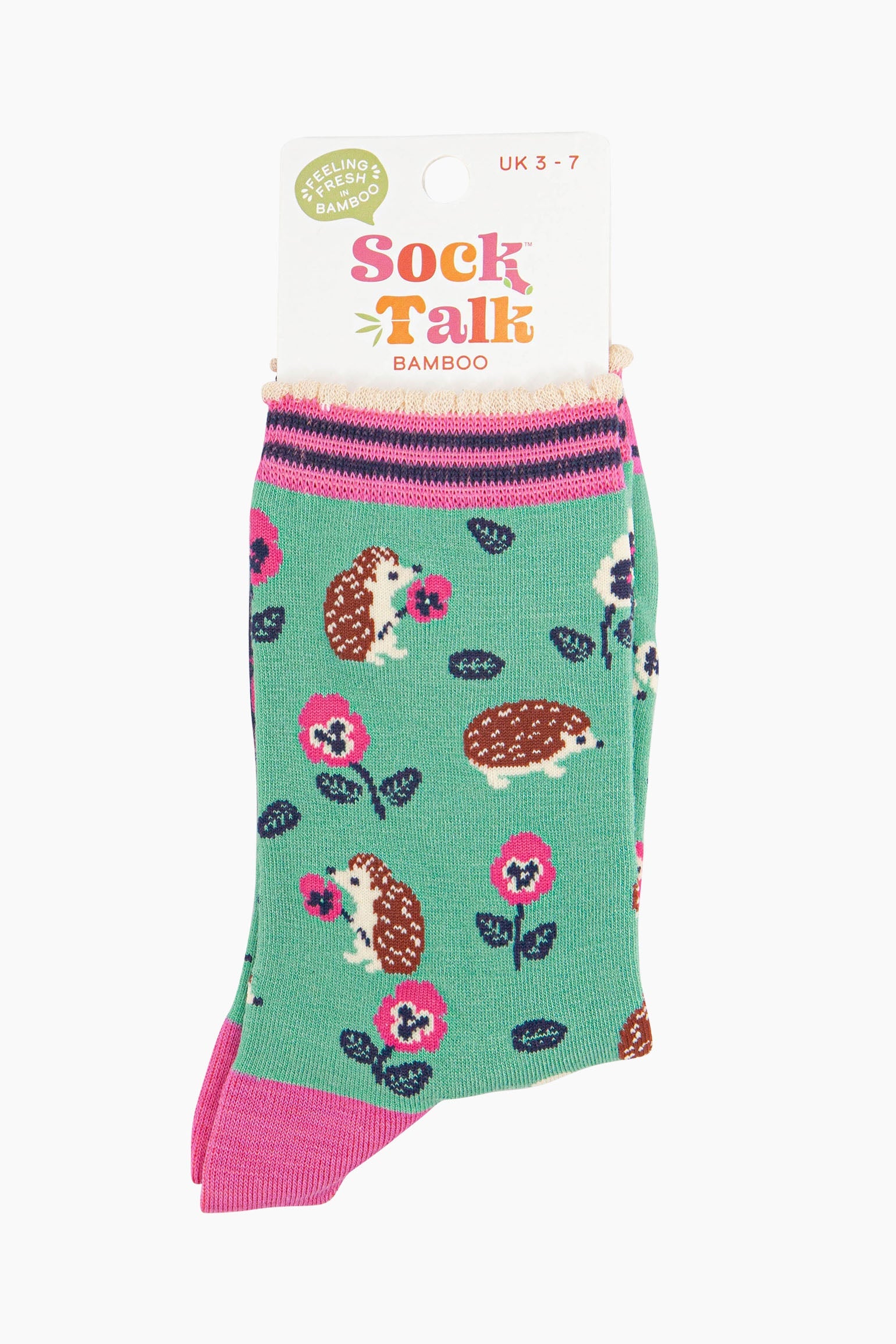 women's green hedgehog and pansy flower ankle socks in their sock talk packaging, the socks are a uk size 3-7.