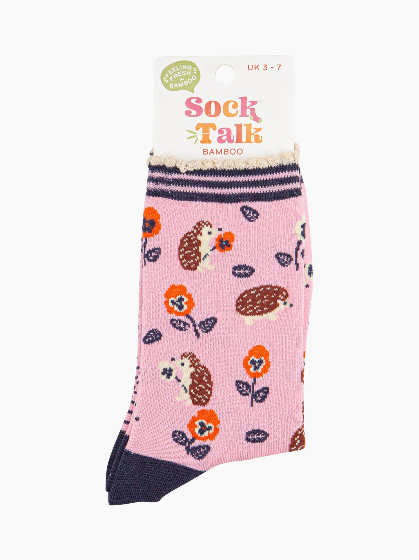 women's pink hedgehog and pansy flower ankle socks in their sock talk packaging, the socks are a uk size 3-7.