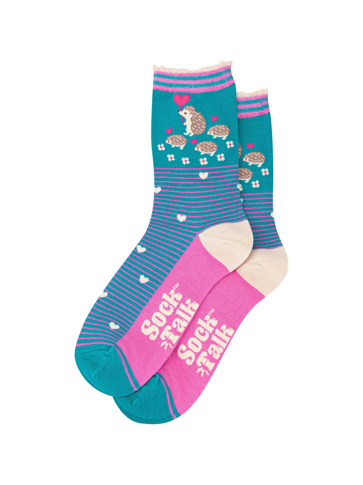 the pair of teal hedgehog socks laying flat one overlapping the other. showing clearly the teal background of the socks which is contrasted by pink pinstripes. on the ankle of the socks there is a woodland scene with a family of hedgehogs.  the sock talk logo is visible on the base of the sole.