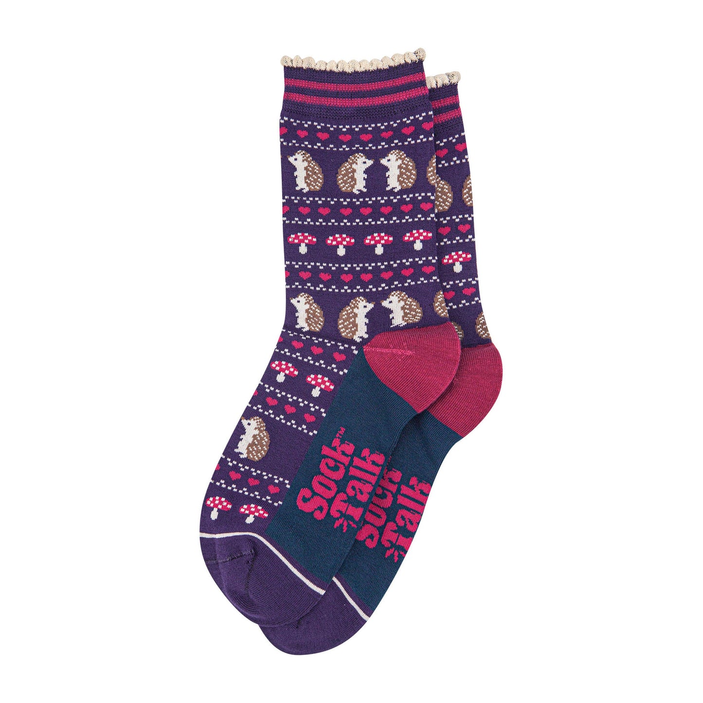 womens-bamboo-socks-navy-blue-hedgehog-toadstool-fair-isle-laying-flat