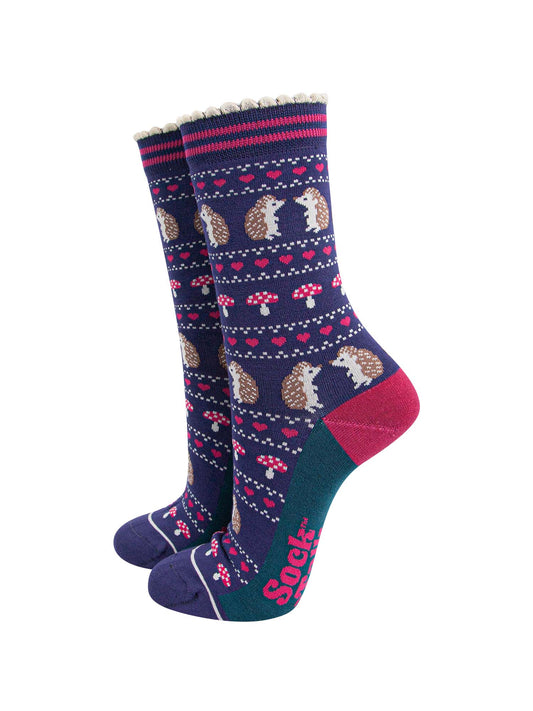 womens-bamboo-socks-navy-blue-hedgehog-toadstool-fair-isle-woodland-animals