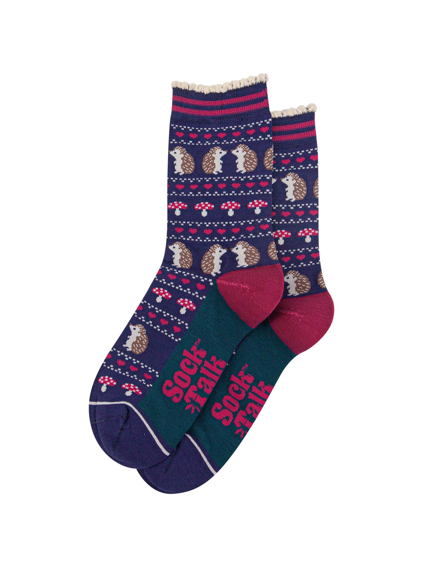 womens-bamboo-socks-navy-blue-hedgehog-toadstool-fair-isle-laying-flat