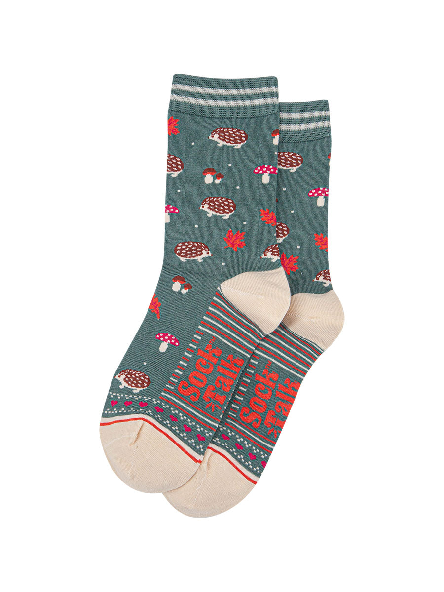 womens-bamboo-socks-sage-green-cream-hedgehog-toadstool-laying-flat