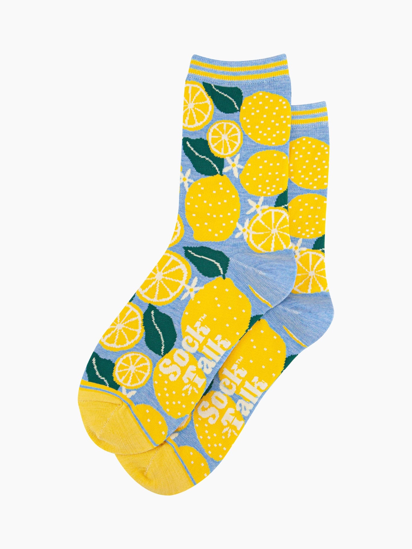 womens-bamboo-socks-blue-lemon-tree-laying-flat-yellow-citrus-fruits