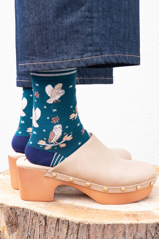 Women's Bamboo Socks - Forest Green/Navy Blue, Barn Owls