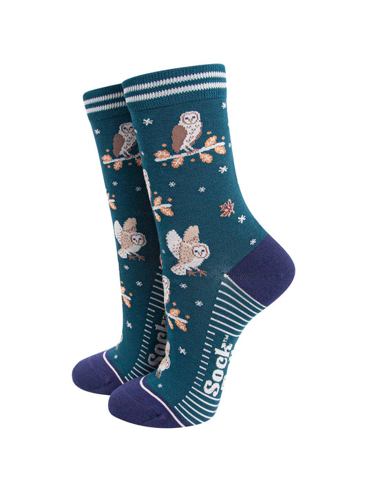 womens-bamboo-socks-forest-green-navy-blue-barn-owls-birds