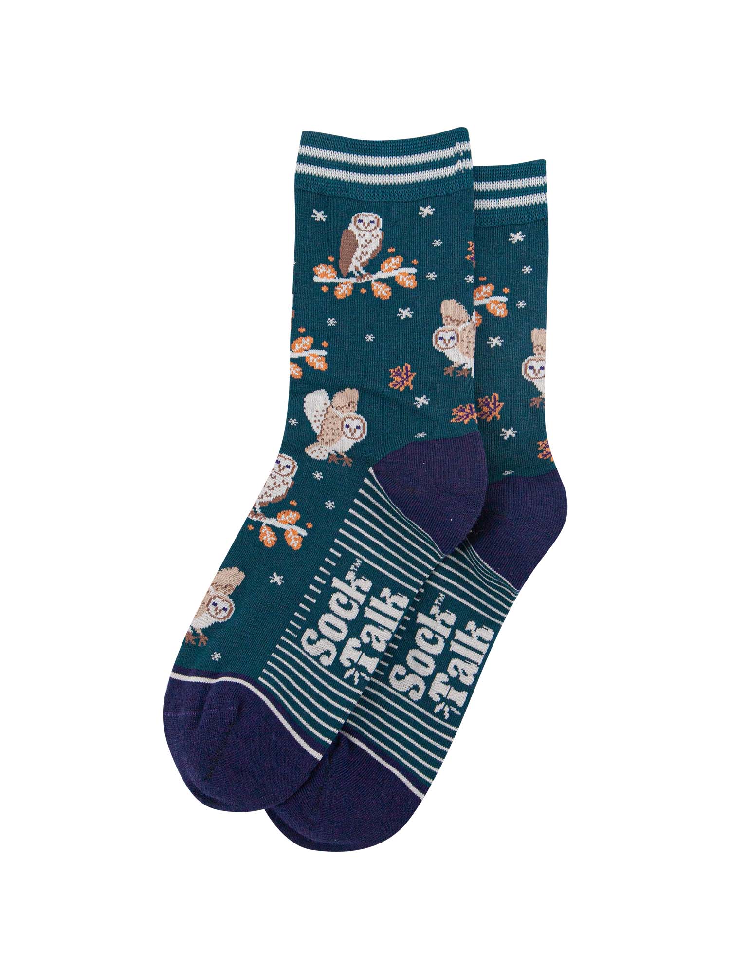 womens-bamboo-socks-forest-green-navy-blue-barn-owls-laying-flat