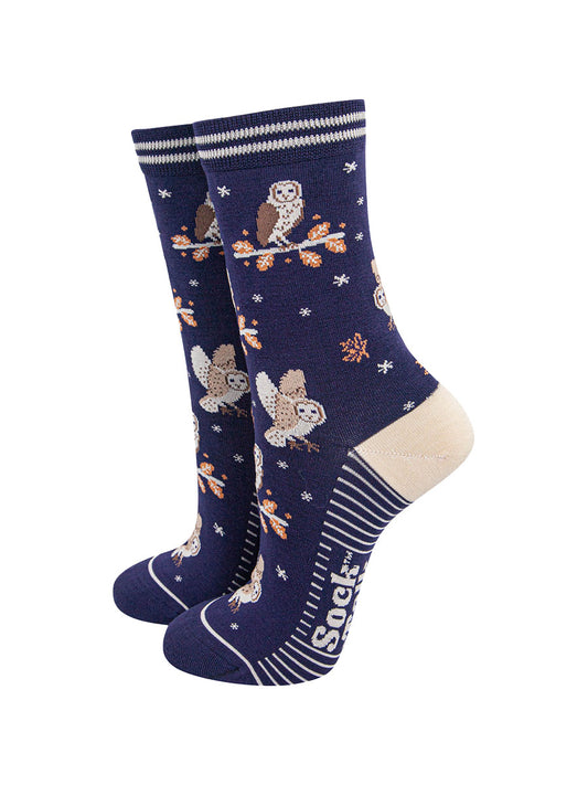 womens-bamboo-socks-navy-blue-barn-owls-birds-trees