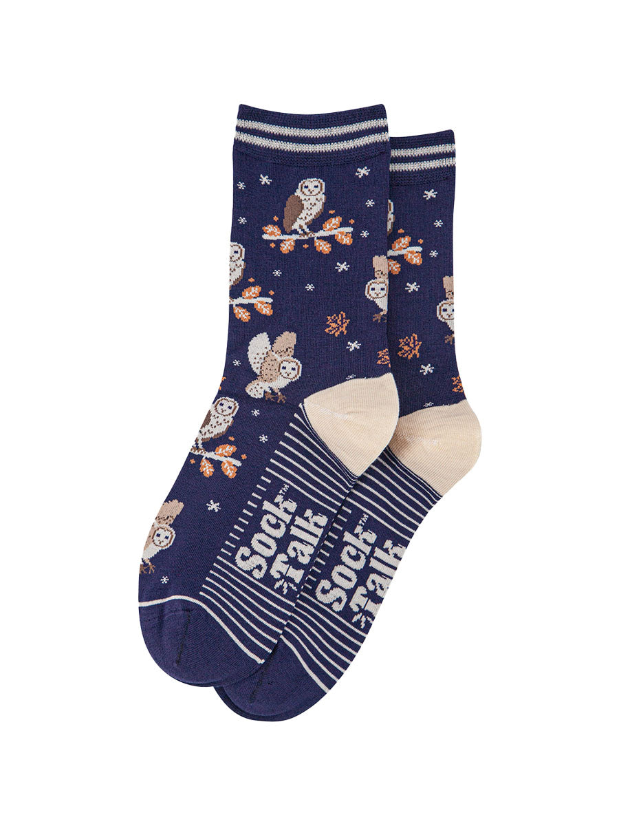 womens-bamboo-socks-navy-blue-barn-owls-laying-flat