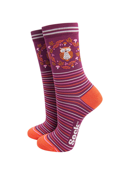 womens-bamboo-socks-berry-owl-woodland-animals-stripes