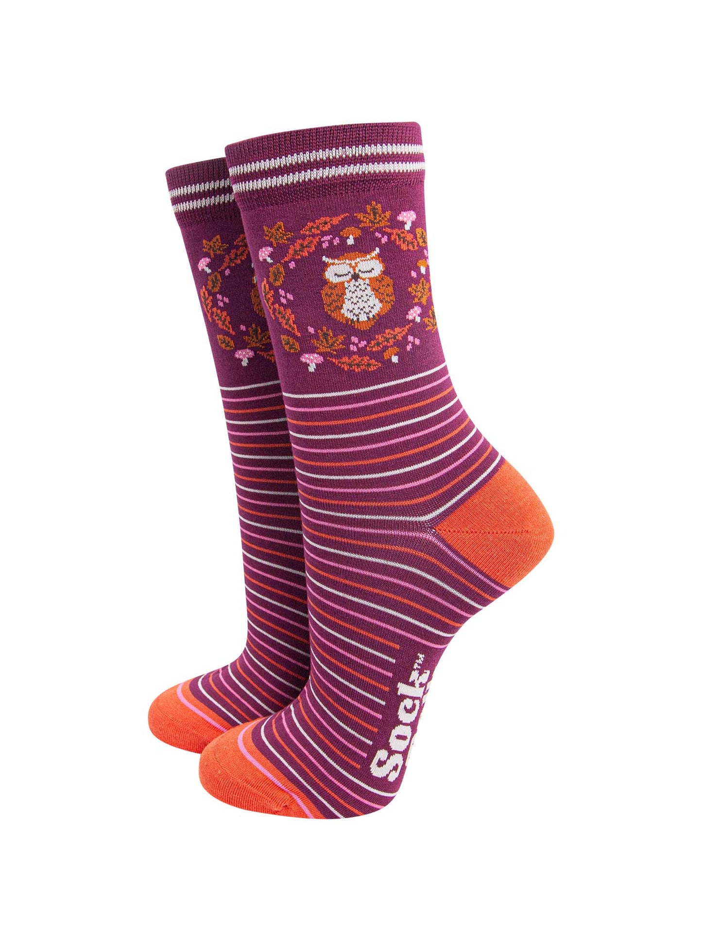 womens-bamboo-socks-berry-owl-woodland-animals-stripes