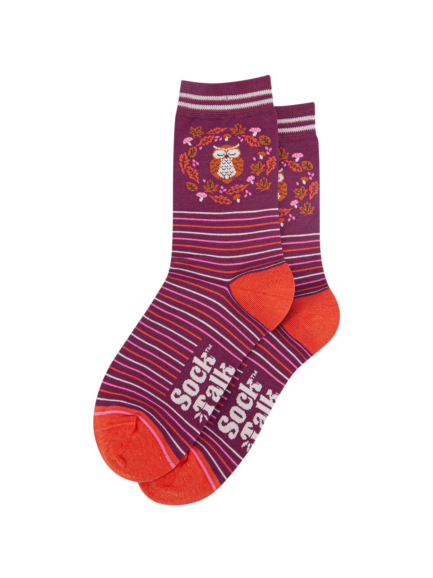 womens-bamboo-socks-berry-owl-laying-flat