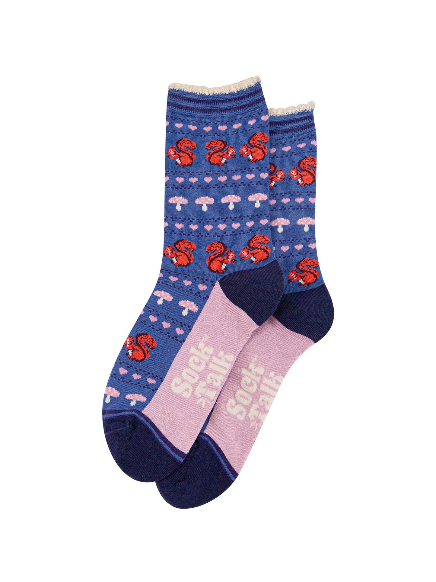 womens-bamboo-socks-denim-blue-navy-blue-squirrel-fair-isle-laying-flat