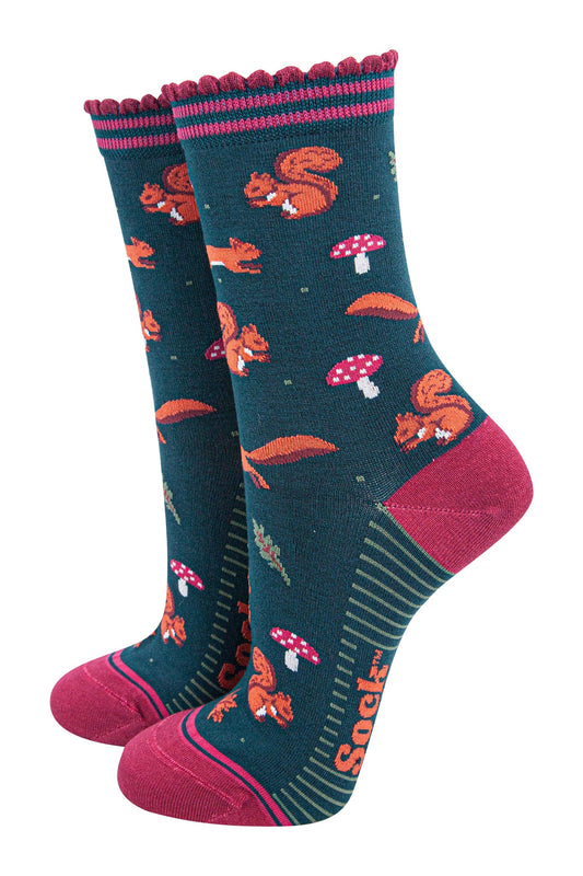 womens-bamboo-socks-forest-green-berry-squirrel-and-toadstool-woodland-animals