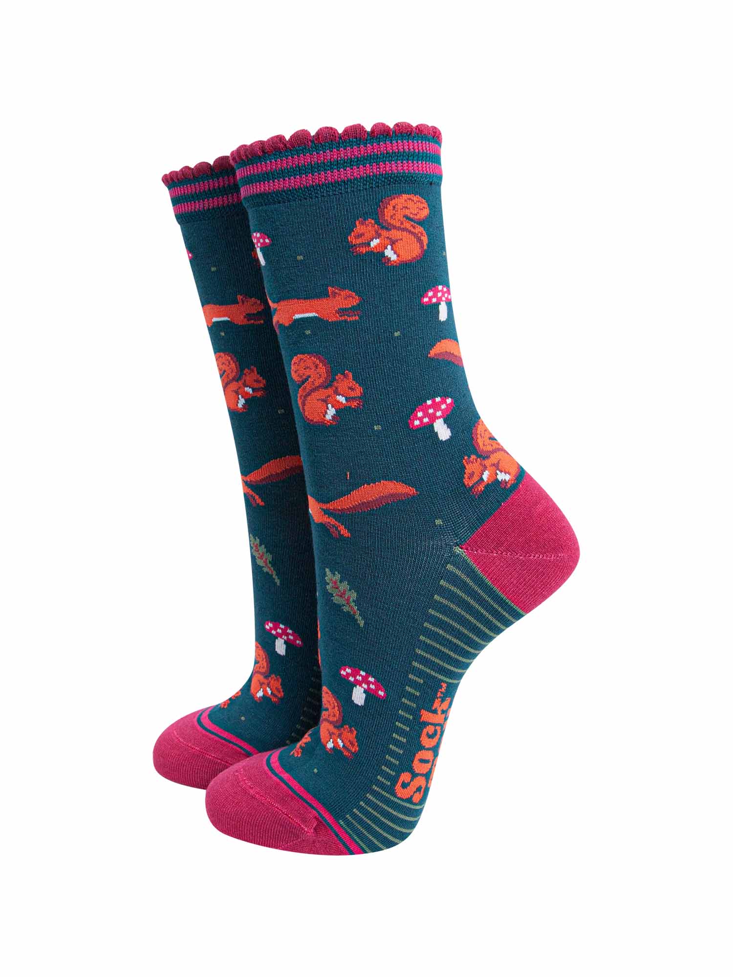 womens-bamboo-socks-forest-green-berry-squirrel-and-toadstool-woodland-animals