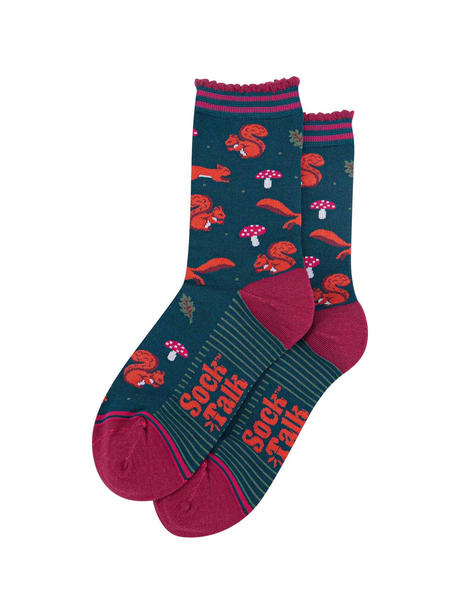 womens-bamboo-socks-forest-green-berry-squirrel-and-toadstool-laying-flat