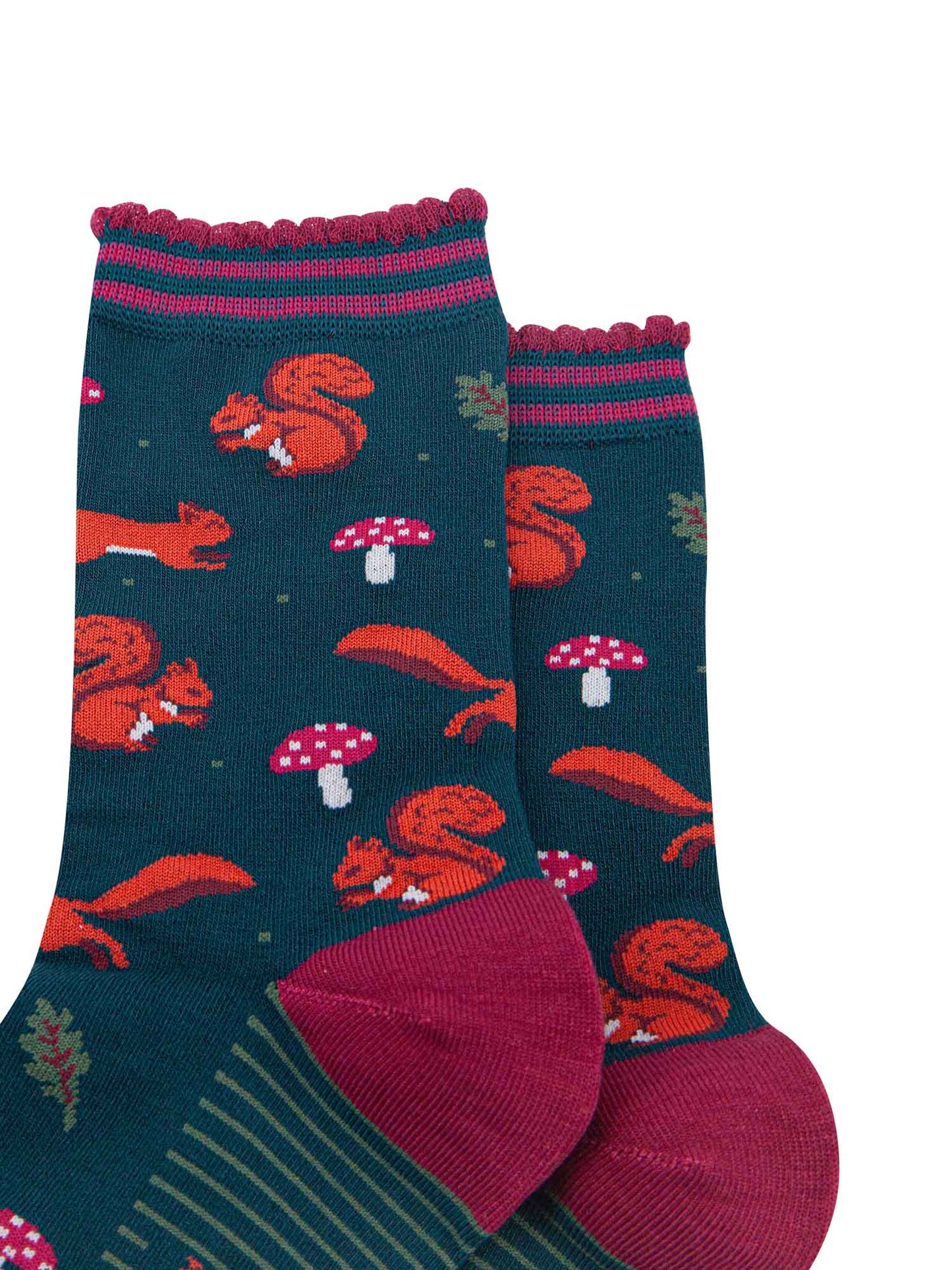 womens-bamboo-socks-forest-green-berry-squirrel-and-toadstool-close-up