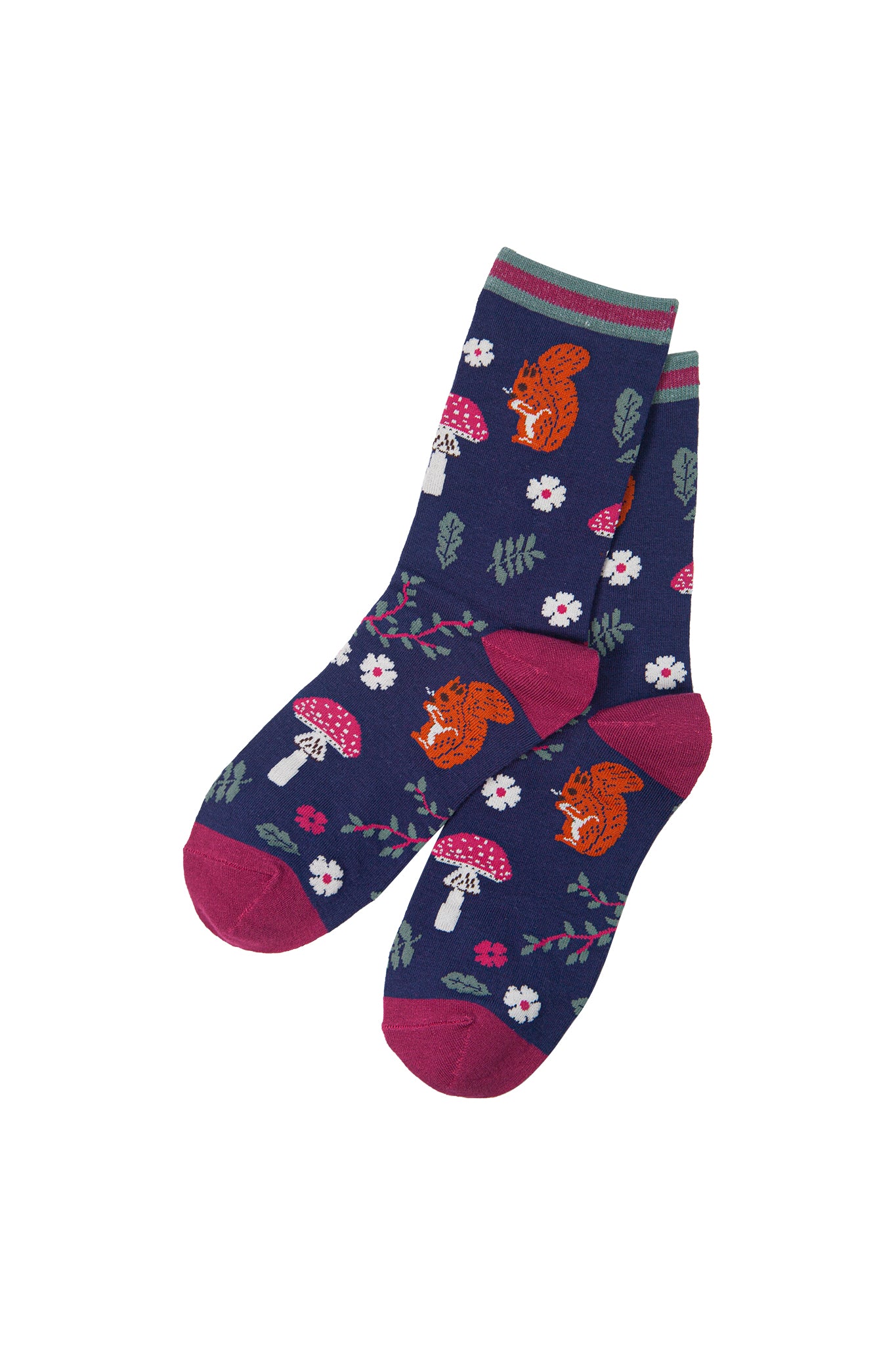 woodland animal themed bamboo socks with red squirrels and flowers