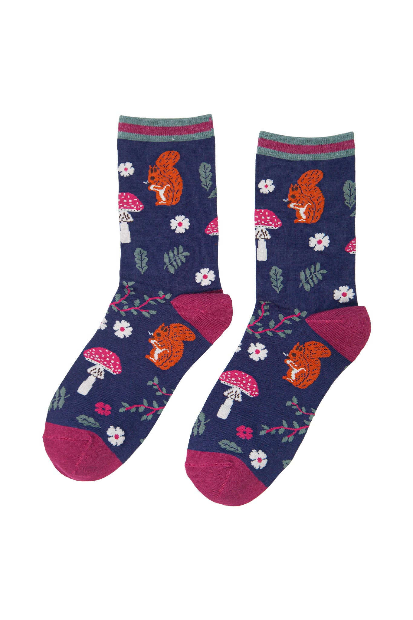 navy blue and pink ankle socks with squirrels, flowers, leaves and toadstools