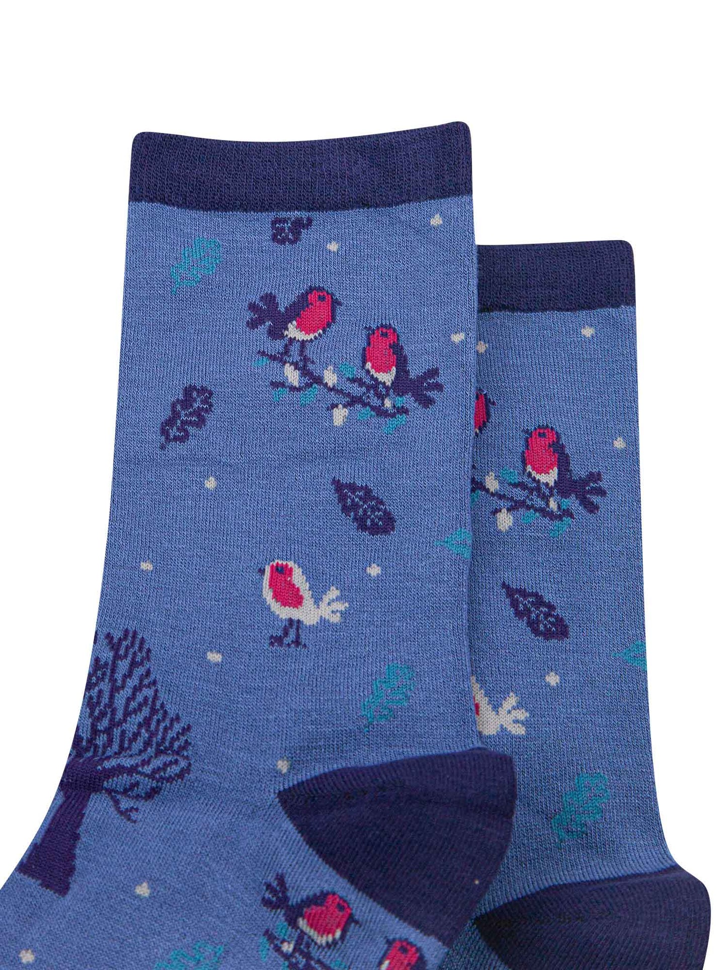 blue bamboo ankle socks featuring red robin birds and trees