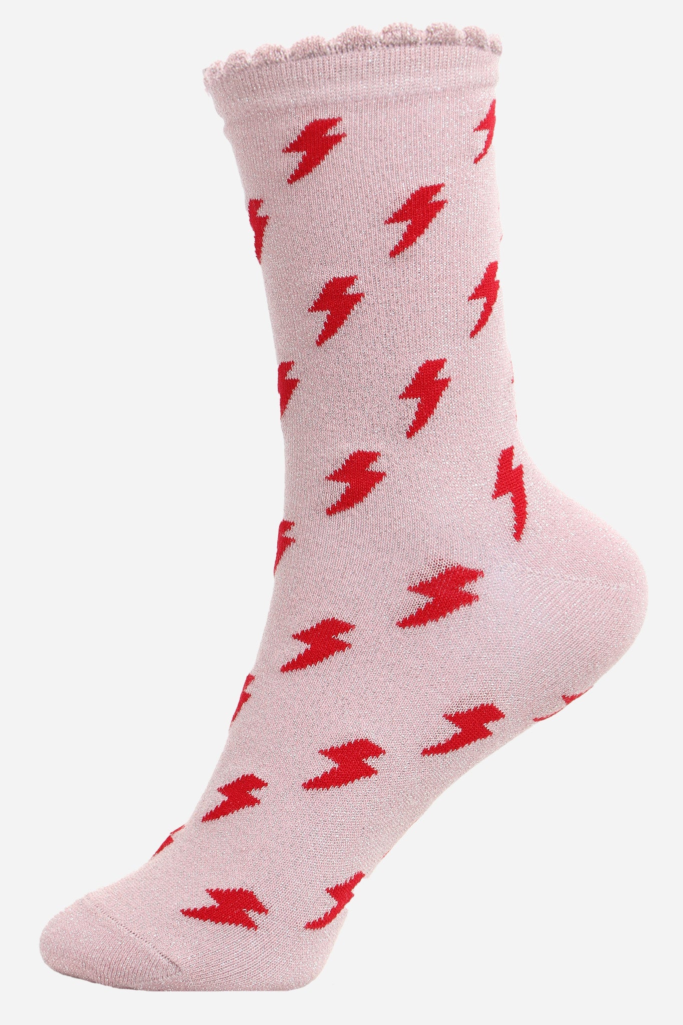 light pink cotton ankle socks with an all over red lightning bolt print pattern and silver glitter shimmer, the socks have scalloped cuffs