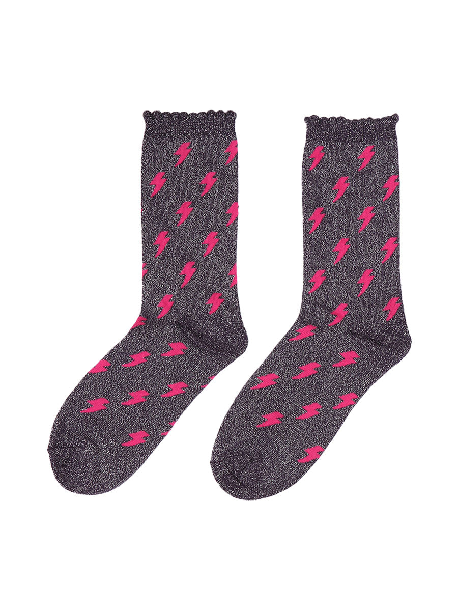navy blue glitter socks with an all over sparkle effect and a pattern of pink lightning bolts