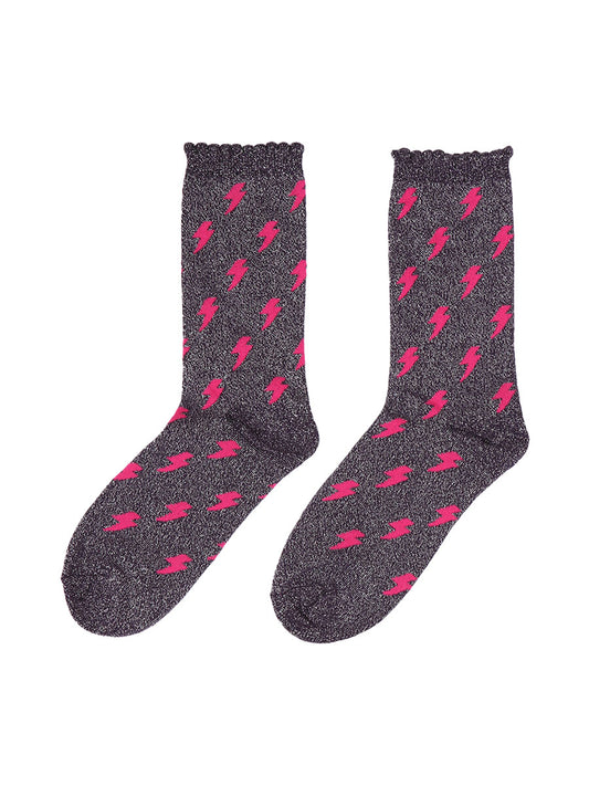 navy blue glitter socks with an all over sparkle effect and a pattern of pink lightning bolts